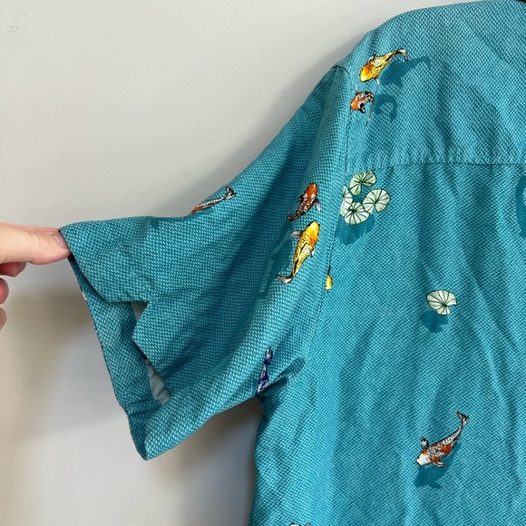 TORI RICHARD Koi Fish and Lily Pad Silk Camp Shirt Blend in Teal Blue, size M - Picture 3 of 8